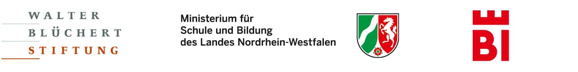 Abbildung der Logos: Walter Blüchert Stiftung, Ministerium für Schule und Bildung des Landes Nordrhein-Westfalen, Stadt Bielefeld